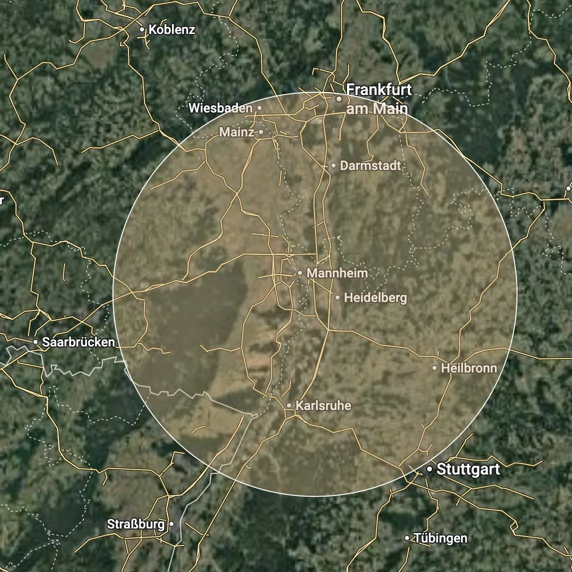 Karte des Einsatzgebiets rund um die Pfalz mit Mannheim, Heidelberg, Karlsruhe, Darmstadt und Frankfurt